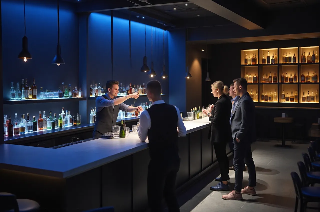 Barman w kamizelce przygotowuje koktajle przy długim barze z podświetlanymi butelkami, w tle rozmawiający goście