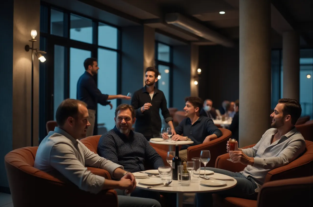 Goście odpoczywający w głębokich fotelach w lounge’u po kolacji, kelner podaje drinki