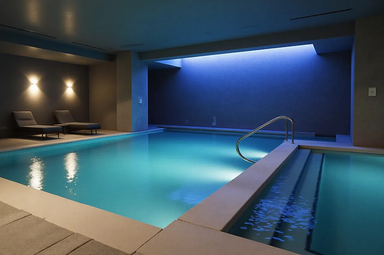 Kryty basen hotelowy i strefa spa w miękkim, szafirowym świetle
